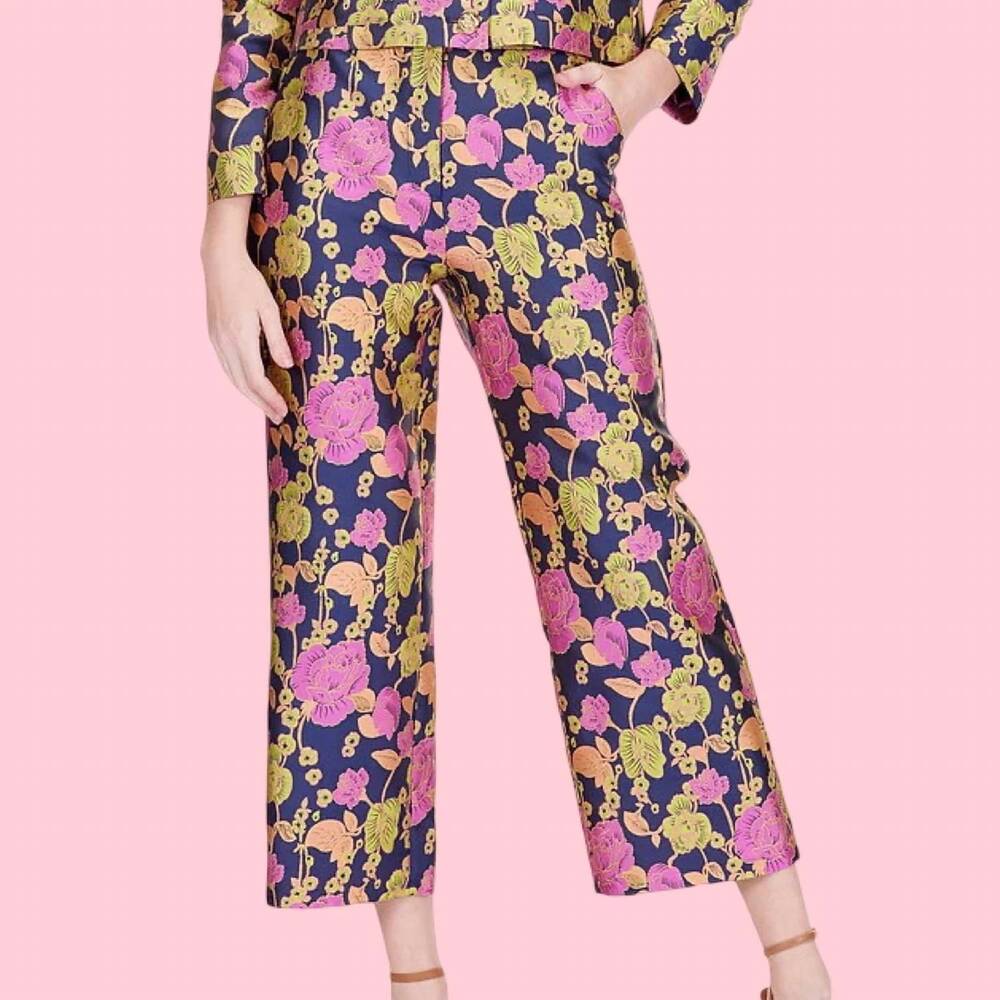 NEW JADE botanical bloom brocade ankle pants in navy